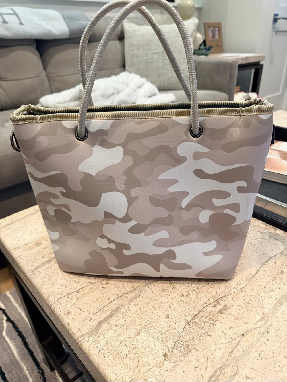 Neutrals Camo Neoprene Stripe Tote Bag with Pouch and Strap